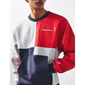 Champion Reverse Weave Colorblock Sweatshirt Red Blue White Mens MEDIUM